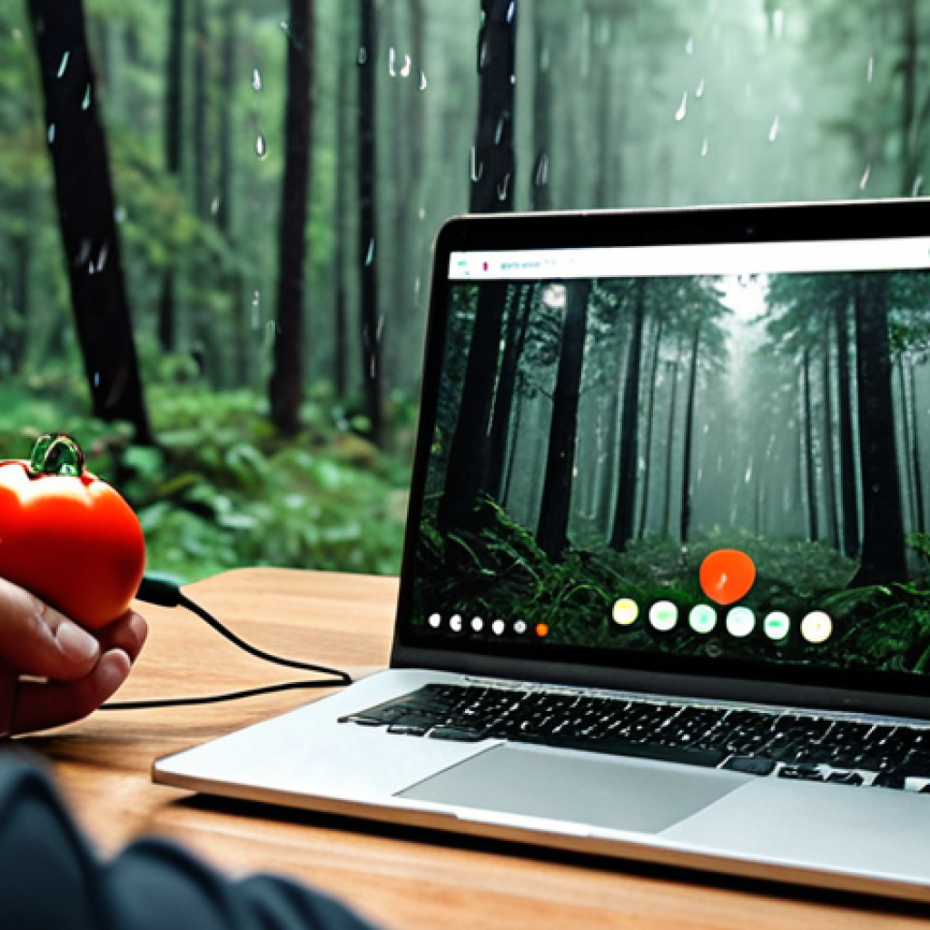 Focus App in Action**

*Prompt:* A person wearing headphones, deeply concentrated on a laptop, with a smartphone displaying a Pomodoro timer app in the foreground. Gentle nature sounds (rain, forest) visually represented as emanating from the phone. Soft, calming color palette.

**