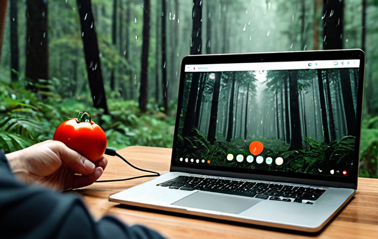 Focus App in Action**
*Prompt:* A person wearing headphones, deeply concentrated on a laptop, with a smartphone displaying a Pomodoro timer app in the foreground. Gentle nature sounds (rain, forest) visually represented as emanating from the phone. Soft, calming color palette.
**