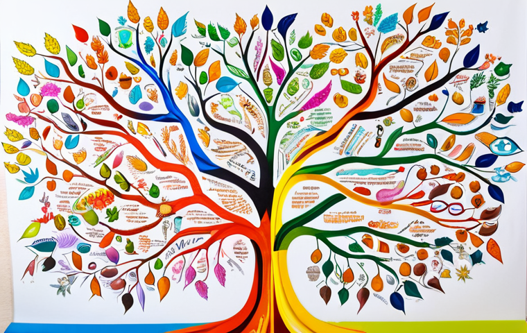 **A vibrant mind map overflowing with colorful branches, keywords, and small icons, radiating outwards from a central topic. The style should be playful and engaging, reflecting the creative and organized nature of mind mapping. It should convey a sense of clarity and connection between ideas.**