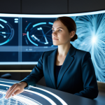 A professional woman in a modest business blazer and smart trousers, seated at a modern, curved desk. She is interacting with a large, glowing holographic interface displaying intricate, abstract data visualizations and neural network patterns, suggesting advanced AI collaboration. The environment is a sleek, futuristic office bathed in soft, diffused light, conveying innovation and synergy. Natural pose, focused, thoughtful expression. High-resolution, professional photography, cinematic lighting, perfectly rendered, detailed. Fully clothed, appropriate attire, professional dress, safe for work, appropriate content, family-friendly, perfect anatomy, correct proportions, natural body proportions, well-formed hands, proper finger count.