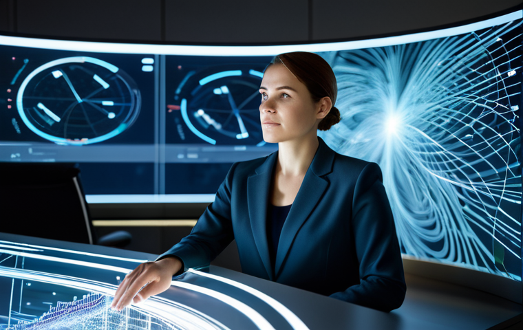 A professional woman in a modest business blazer and smart trousers, seated at a modern, curved desk. She is interacting with a large, glowing holographic interface displaying intricate, abstract data visualizations and neural network patterns, suggesting advanced AI collaboration. The environment is a sleek, futuristic office bathed in soft, diffused light, conveying innovation and synergy. Natural pose, focused, thoughtful expression. High-resolution, professional photography, cinematic lighting, perfectly rendered, detailed. Fully clothed, appropriate attire, professional dress, safe for work, appropriate content, family-friendly, perfect anatomy, correct proportions, natural body proportions, well-formed hands, proper finger count.