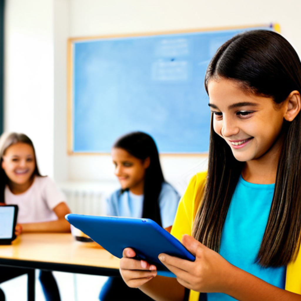 Personalized Learning Platform**

"A bright and engaging scene of a young Brazilian student using a tablet computer in a modern, colorful classroom. The tablet displays a personalized learning application with interactive exercises. The student is smiling and focused, wearing appropriate school attire. Background shows other students collaborating in small groups. safe for work, appropriate content, fully clothed, professional, perfect anatomy, natural proportions, high quality"

**