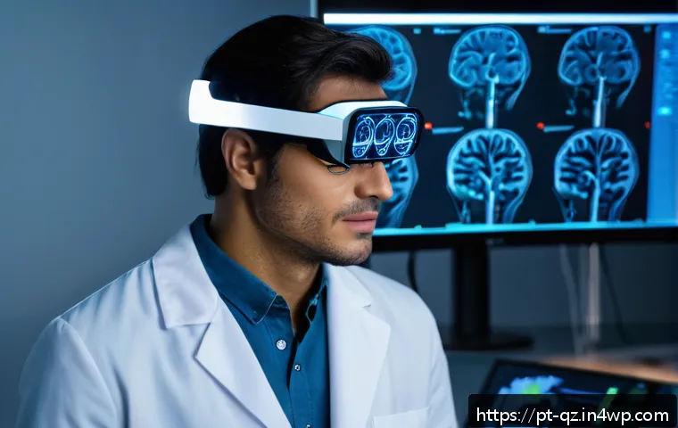 최신 인지능력 증강 기술 비교 - A modern neuroscience laboratory scene showcasing a researcher wearing a sleek portable transcranial...