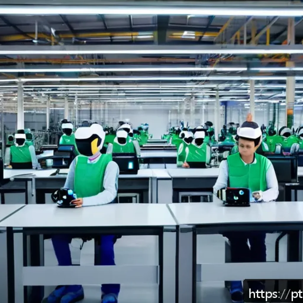 인지능력 증강 기술의 수익 모델 - A modern Brazilian industrial factory scene featuring collaborative robots (cobots) working alongsid...