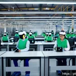 Home 19 인지능력 증강 기술의 수익 모델 - A modern Brazilian industrial factory scene featuring collaborative robots (cobots) working alongsid...