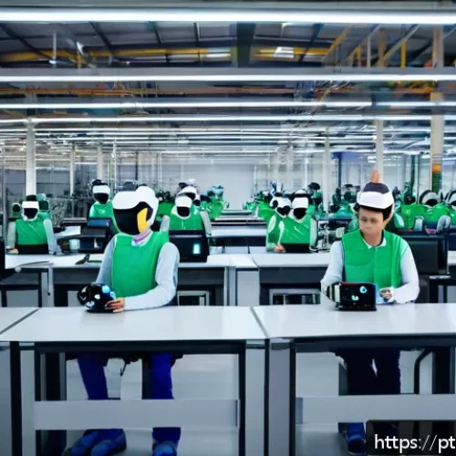 Home 31 인지능력 증강 기술의 수익 모델 - A modern Brazilian industrial factory scene featuring collaborative robots (cobots) working alongsid...