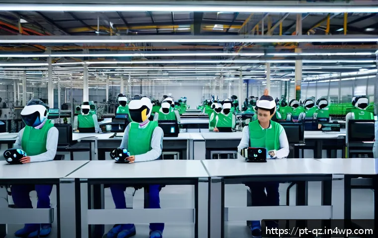 인지능력 증강 기술의 수익 모델 - A modern Brazilian industrial factory scene featuring collaborative robots (cobots) working alongsid...