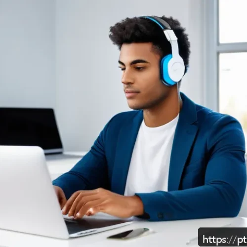 Home 30 인지능력 증강 기술의 글로벌 이슈 - A modern home office scene featuring a young adult wearing a sleek, lightweight transcranial direct ...