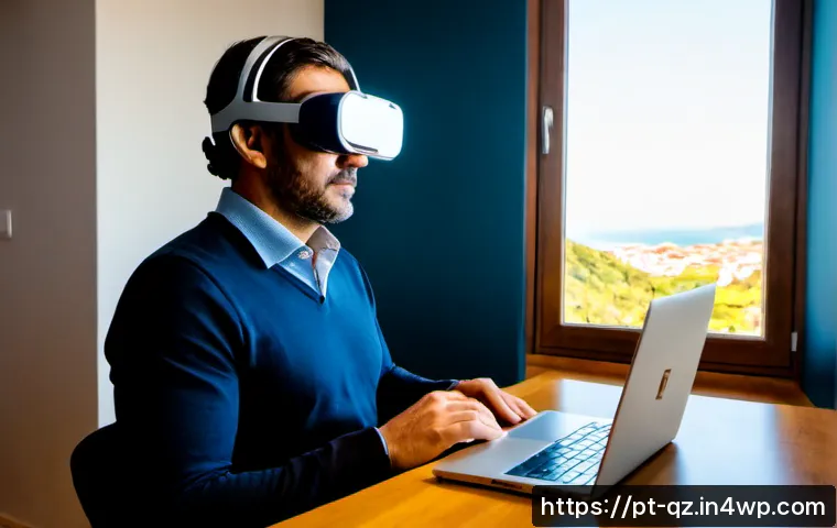 Home 30 인지능력 증강 기술의 보안 문제 - Photorealistic cybersecurity concept in a modern Portuguese home office, middle-aged professional we...